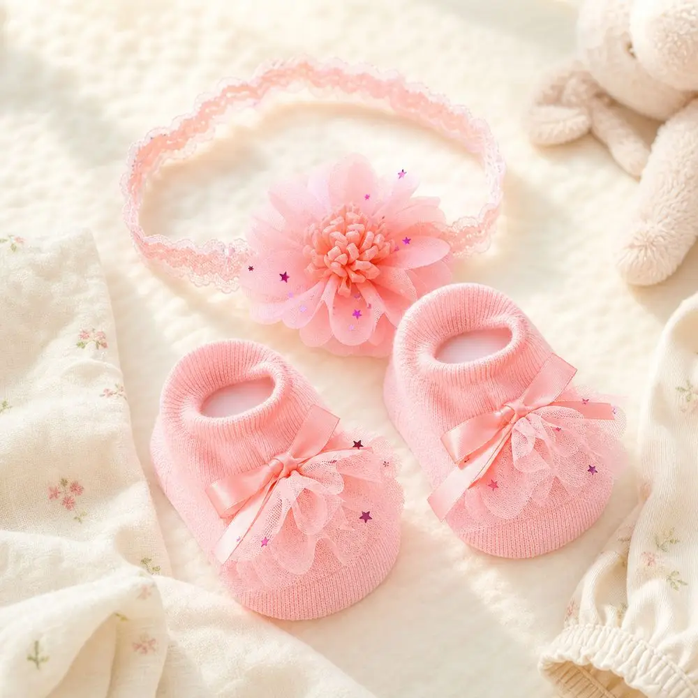 New Floral Lace Socks Set Cotton Blend Soft Stretch Infant Socks Set Tulle Bow Decor Socks Headband Infant Girls