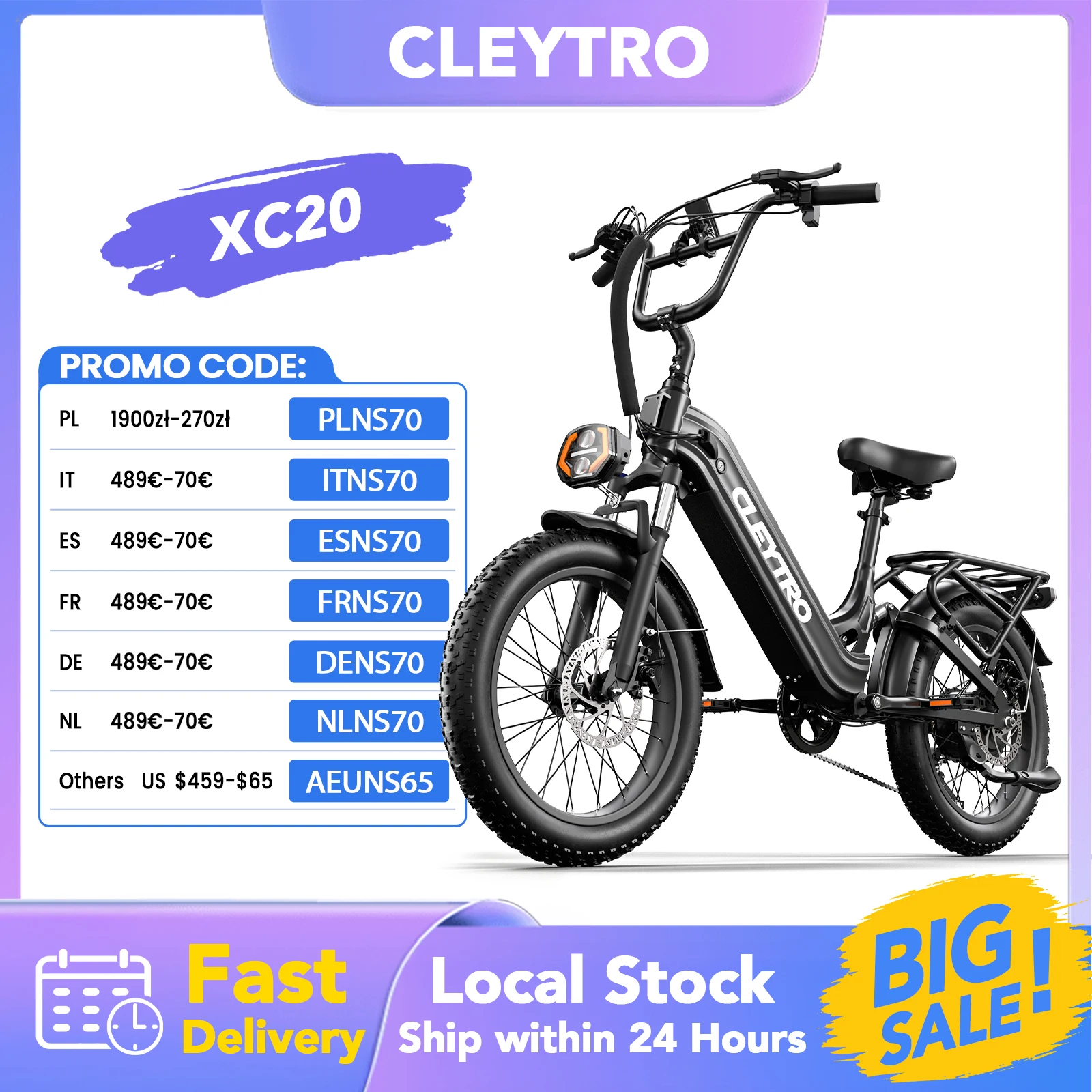 Image of CLEYTRO XC20 Elektrofahrrad 500W 48V15.6Ah Herausnehmbarer Akku 50Km Reichweite 7-Gang 20'' Fatbike City E-Bike mit Zentraler Hydraulischer Federung