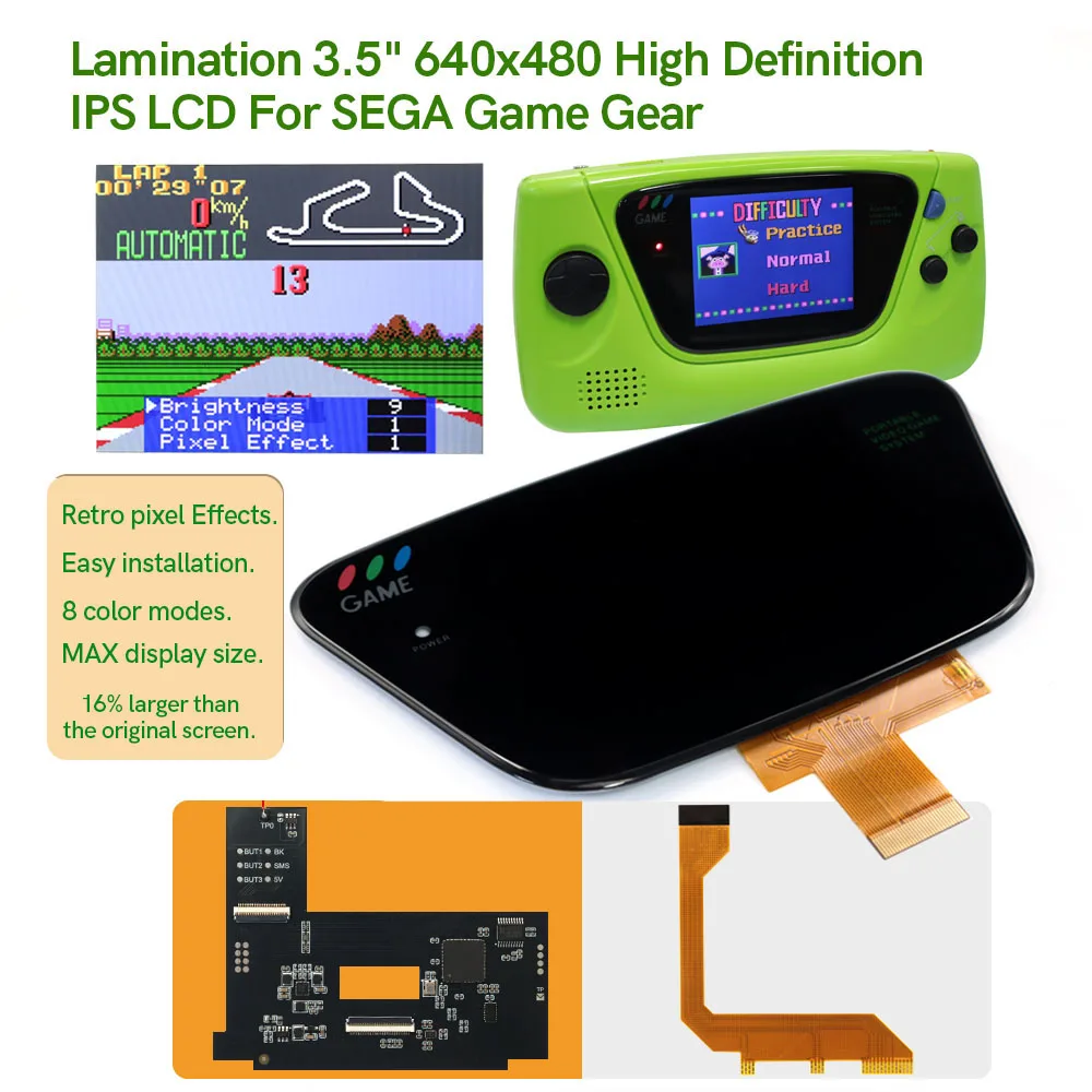 Nouveaux kits LCD de luminosité à reflets IPS laminés de 3.5 pouces pour SEGA Game Gear 640x480 kits de Mod LCD d'affichage plein écran