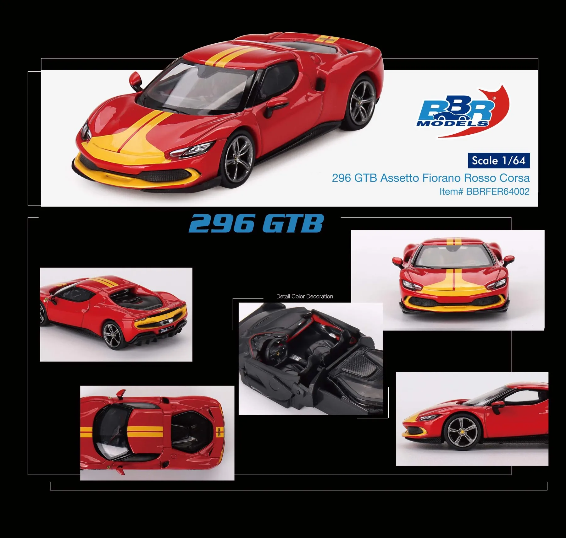 

BBR In Stock 1:64 296 GTB Assetto Fiorano Rosso Corsa Diecast Diorama Car Model Collection Miniature Toys