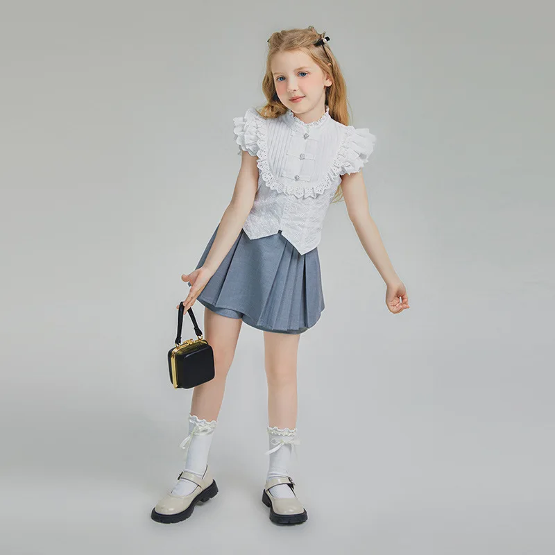 2024 Summer Fashion Children Girl Clothes Sets School Girl Lace Flying Sleeve Irregular Tops+Pleated Skirt Students Clothes Sets