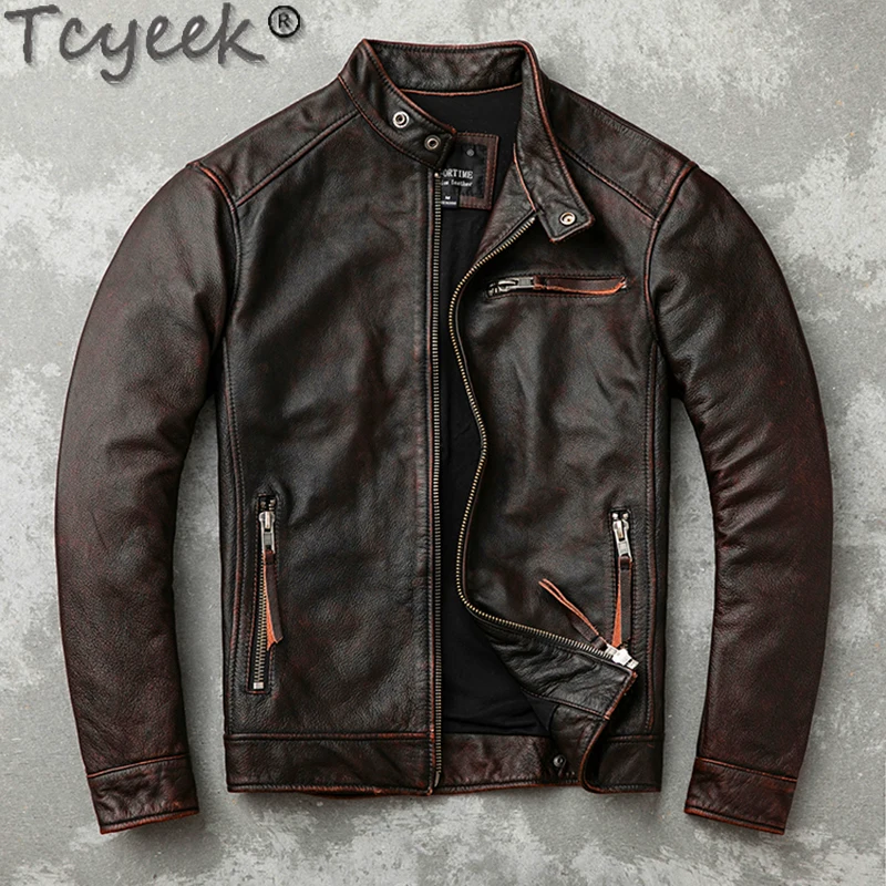 Tcyeek Genuine Leather Jacket for Men Top Layer Cowhide Coats Spring Autumn Vintage Leather Coat Mens Jackets Jaqueta Masculina