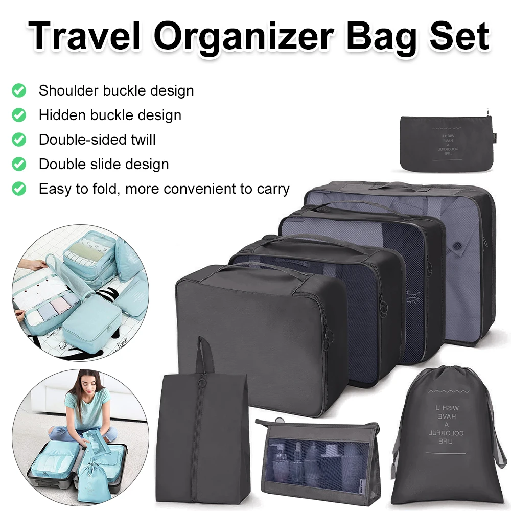 8pcs/Set Travel Compression Packing Cubes Bag Luggage Storage Case Clothes Sorting Bag Organiser Foldable Waterproof Suitcase