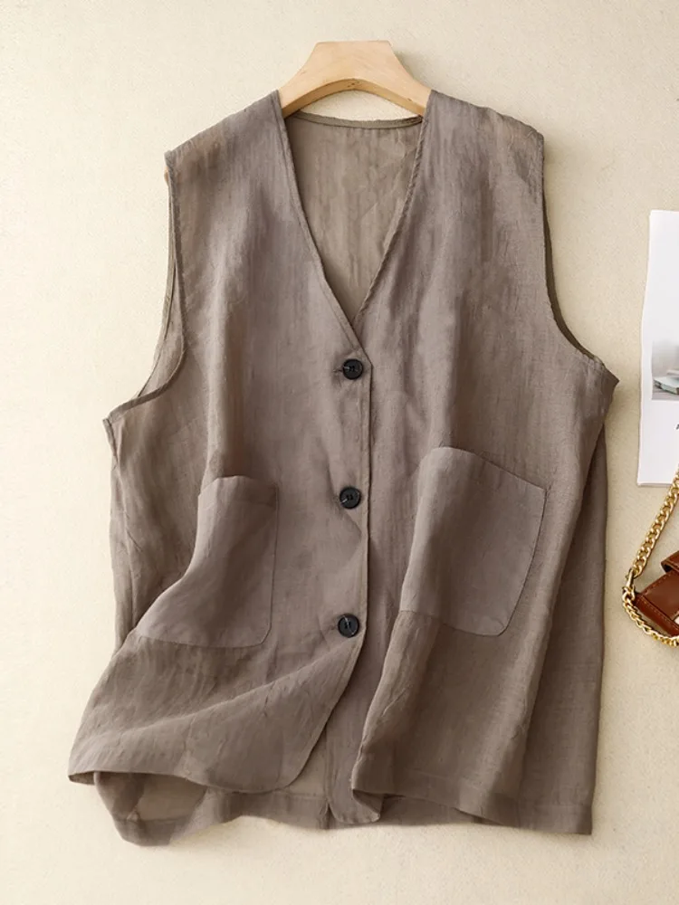 Loose Cotton Linen Vest Women's Summer Thin Sleeveless V-neck Tank Top Comfortable Breathable Mid-Length Commute Style