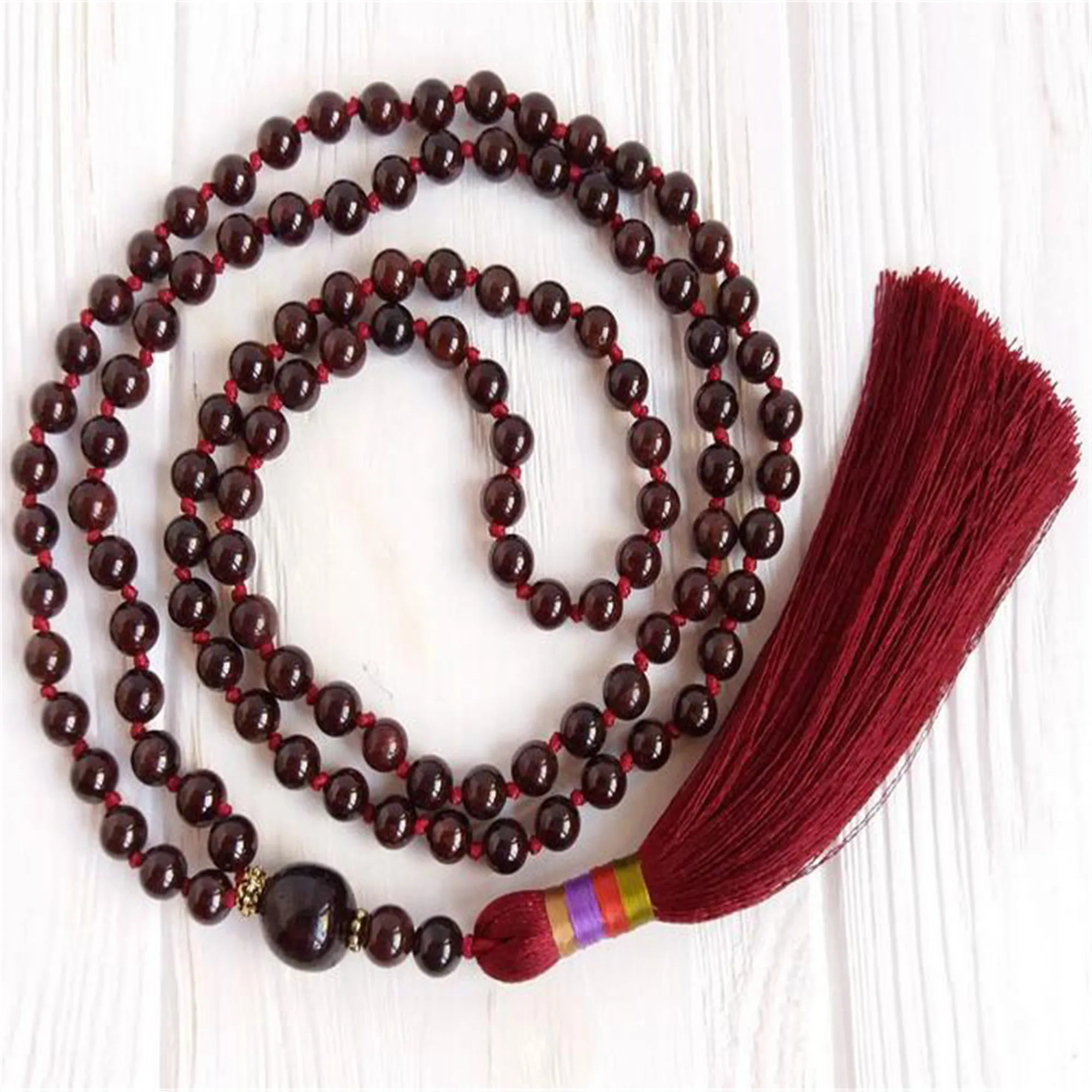 6mm Natural Red Garnet 108 Beads Tassel Knot Necklace Yoga Hipster Tranquility Bridal Formal event Metal Statement Opera length