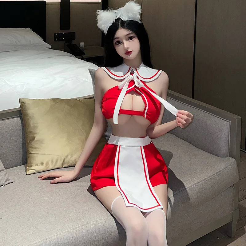 Sexy Anime Schoolgirl Cosplay Costumes Japanese Kawaii Open Chest Temptation Red White Erotic Underwear Sailor School Girl Dress