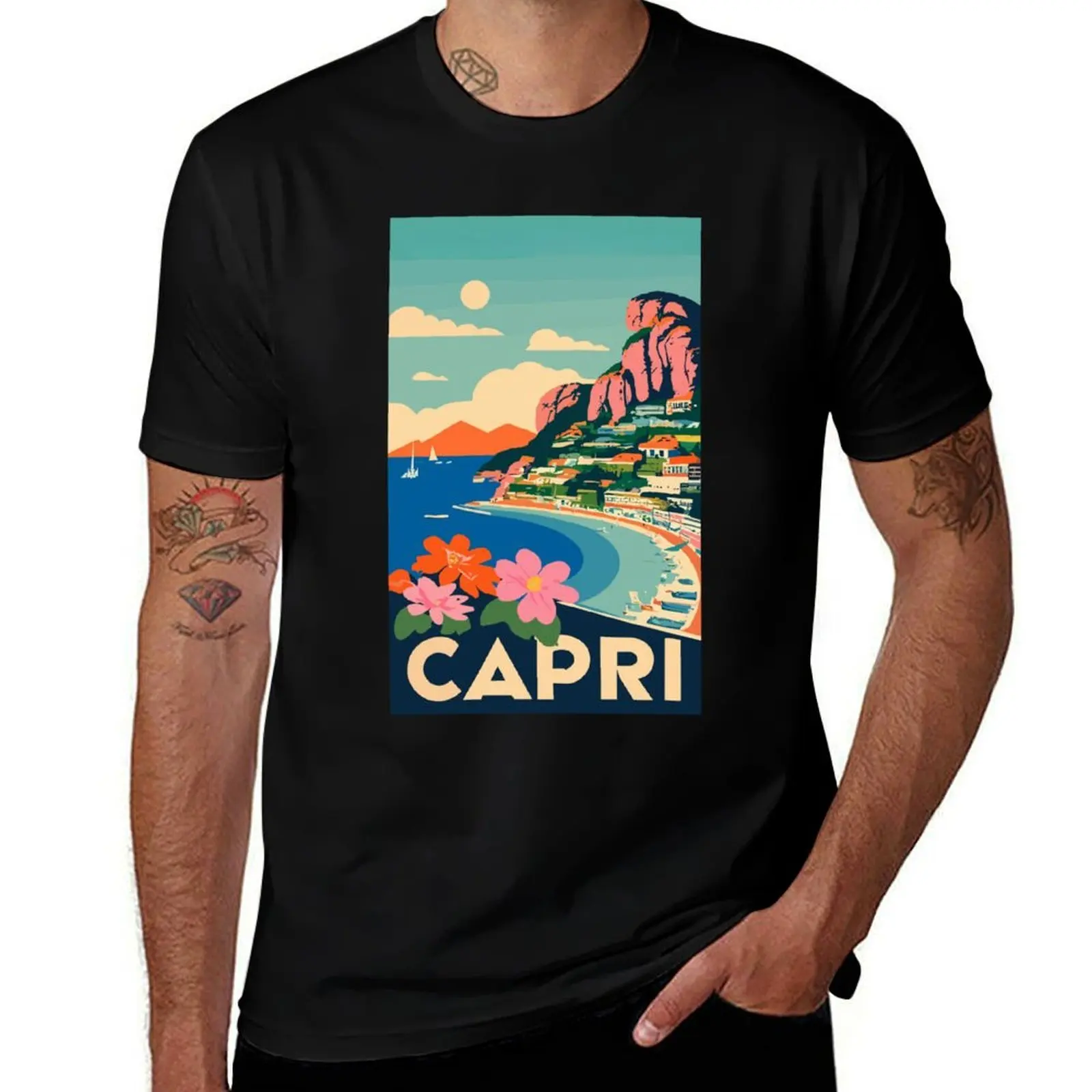 Camiseta Vintage Travel Art of Capri-Italia, Camiseta de algodón, 100%, camisetas informales para hombre, camiseta gráfica vintage