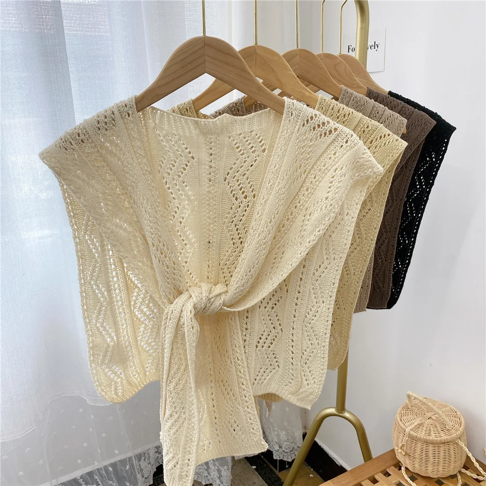 Fashion Korean Knot Knitted Shawl Female Hollow Out Skirt Shirt Shawl Spring Autumn Shoulder Net Red Scarf Shawl