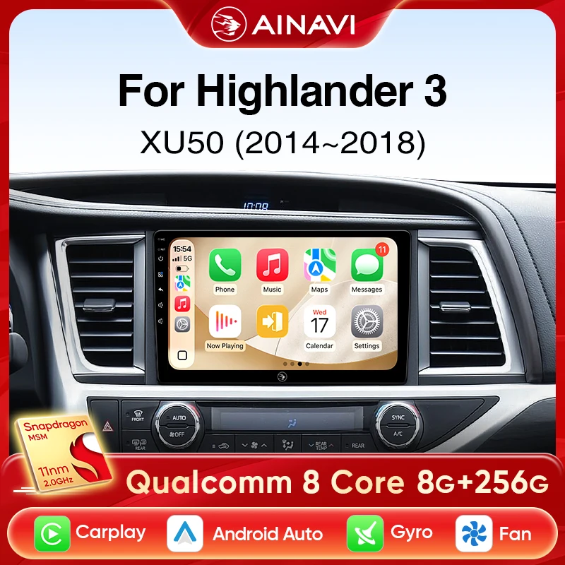 Ainavi Car Radio For Toyota Highlander 2014 2015 2016 2017 2018 2019 XU50 Wireless Carplay Android Auto 4G IPS Car Multimedia