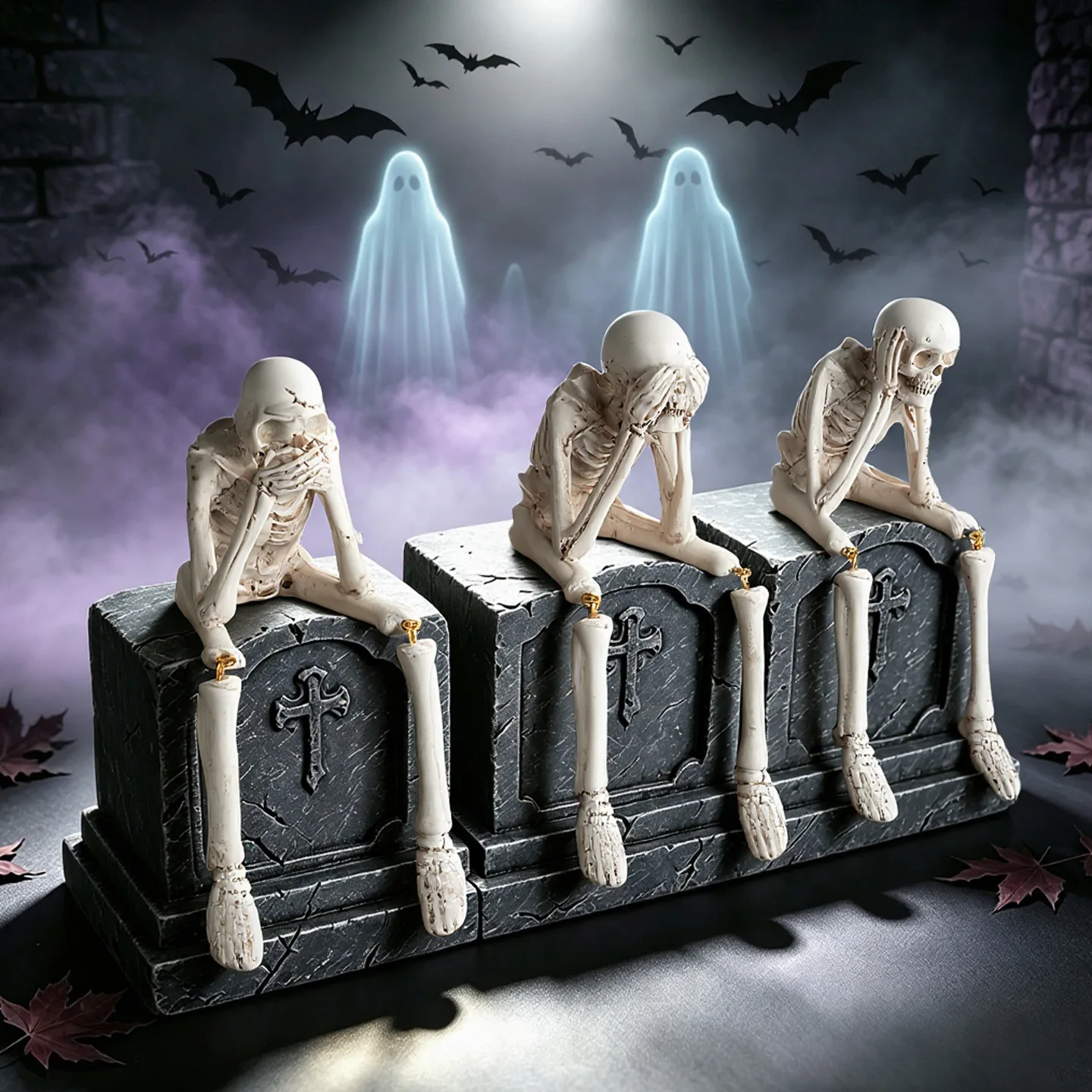 Halloween Skeleton Resin Statue See Speak Hear No Evil Skull Realistic Home Party Decoration Spooky Holiday Gift Ornament