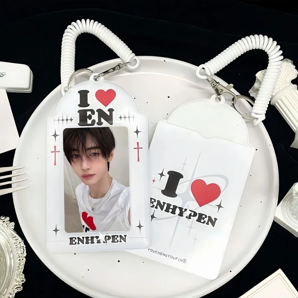 Romantic White Love En Photo Card Holder, Kpop Creative Star Photo Card Display, En Photo Card Holder, 3-3.5inch Idol Photo Card Holder, Star Cross Heart Idol Peripheral Album Polaroid Photo Card Hold image 2