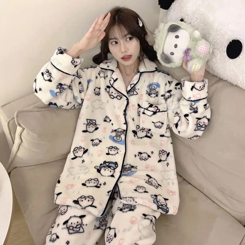 Bonito pochacco cinnamoroll kuromi 2 pçs conjunto de pijamas de veludo da mulher menina engrossar quente moda casual kawaii anime estudante homewear