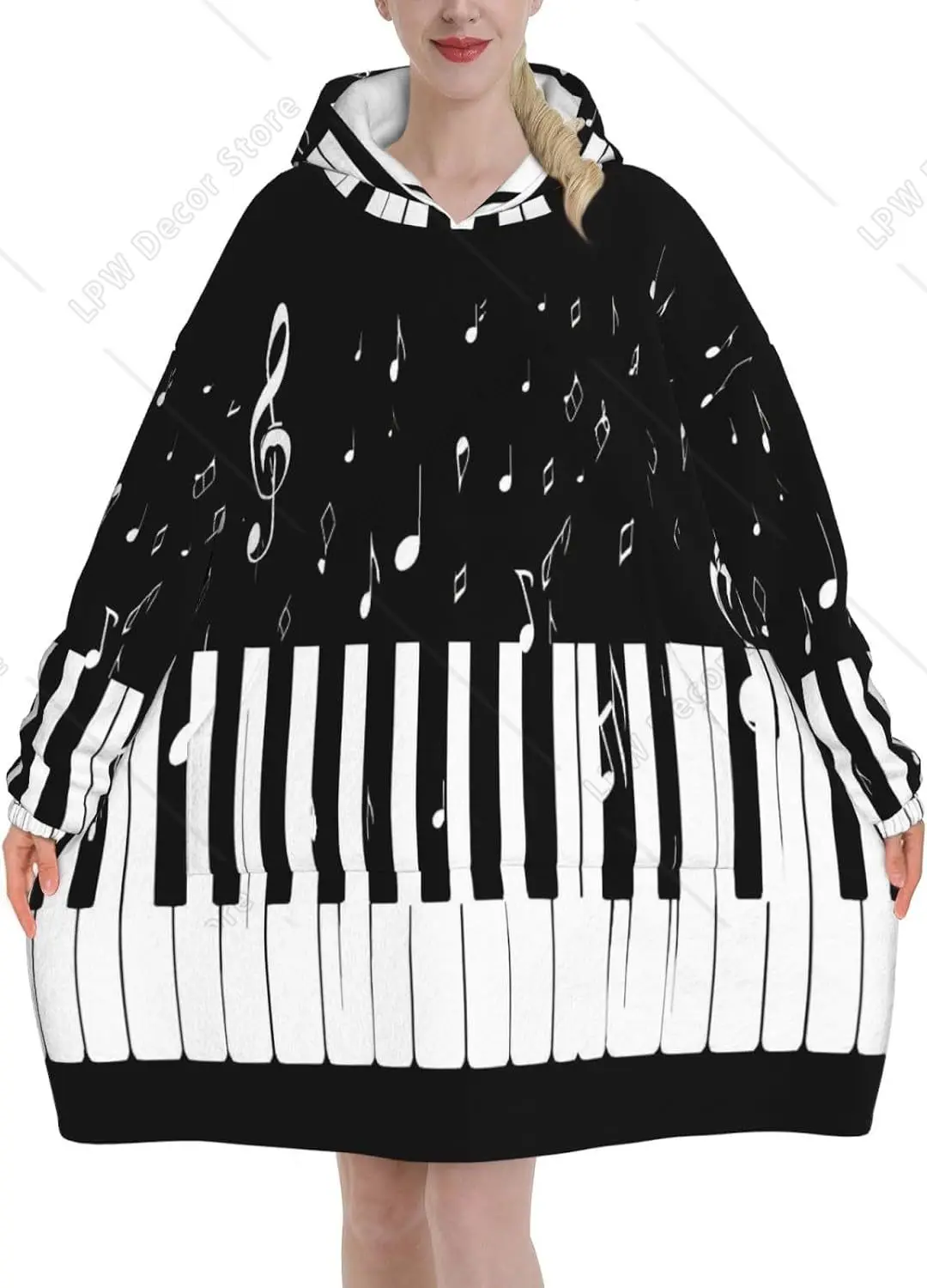Abstract Music Note Piano Wearable Blanket Hoodie Oversized Sweatshirt Blanket Cozy Warm Sherpa Hooded Blanket With Pocket