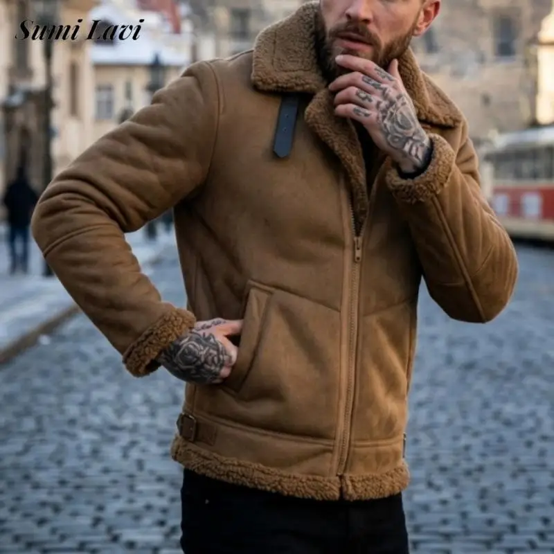 Daily Outdoor Mens Outerwear 2026 Winter Thickened Warm Solid Color Turn-down Collar Fleece Lined Short Coats Loose Fit For Male