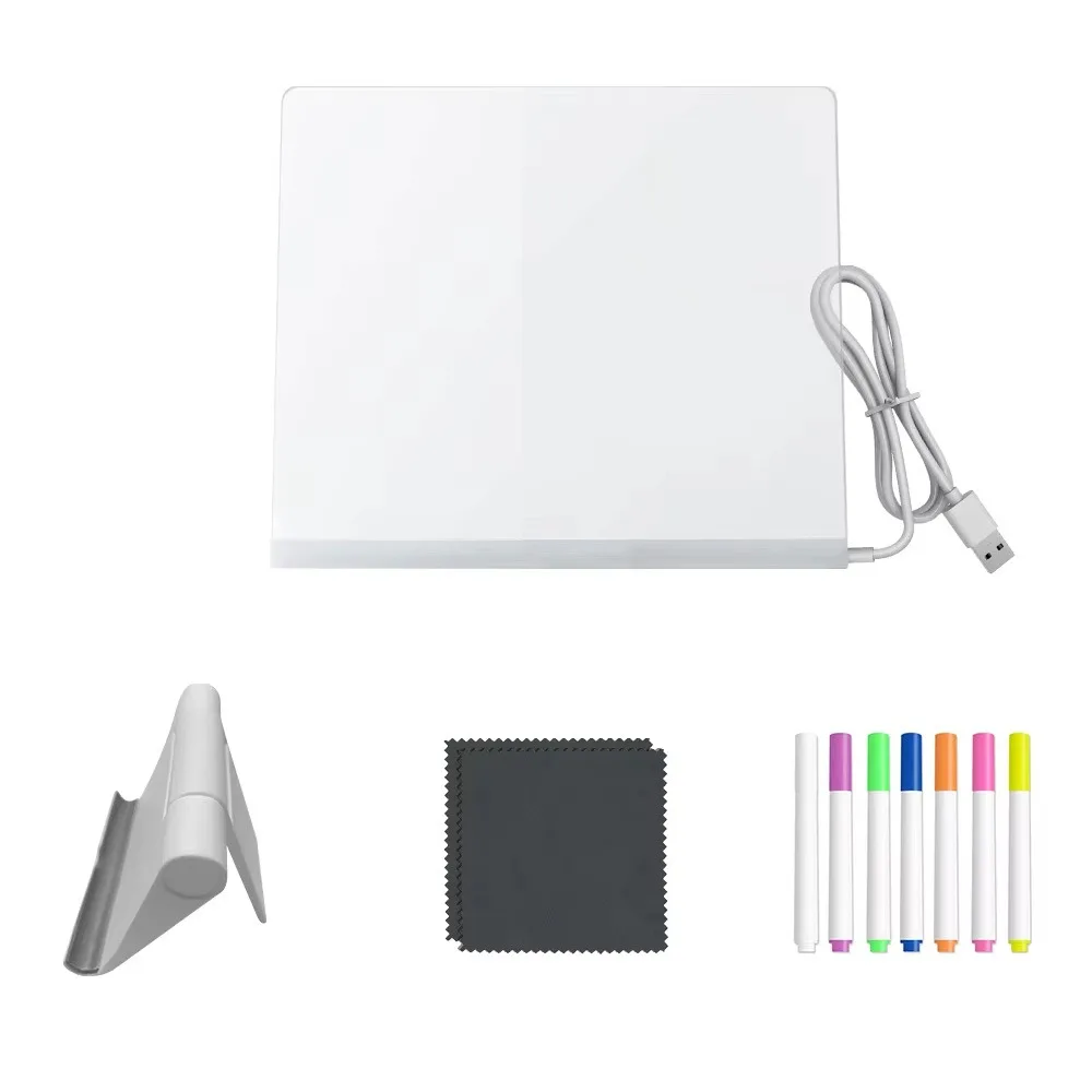 Colorful 7 Pens LED Note Board with Night Light USB Power Rewritable Surface Acrylic Glowing Message Board Erase Clear
