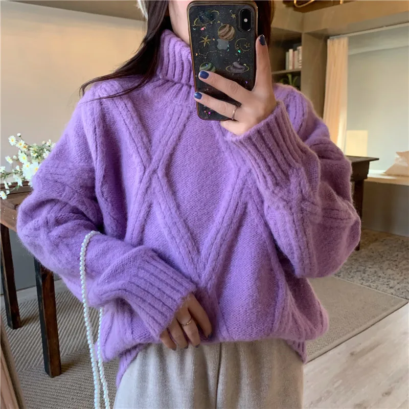 Korean Turtleneck Knitted Sweater Women 2024 Autumn Pink Beige Purple Long Sleeve Casual Loose Jumpers Ladies Pullover Knitwear