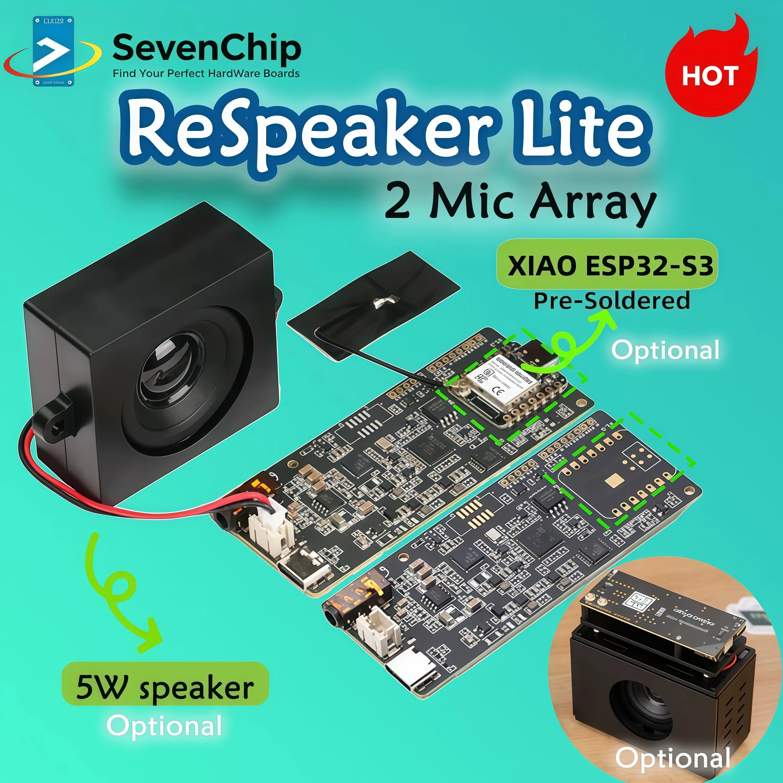 Seeed ReSpeaker Lite 2 Mic Array ESPHome Assistant ESP32S3 Pre-soldered/Mono Enclosed Speaker-4R 5W/Acrylic Enclosure Optional