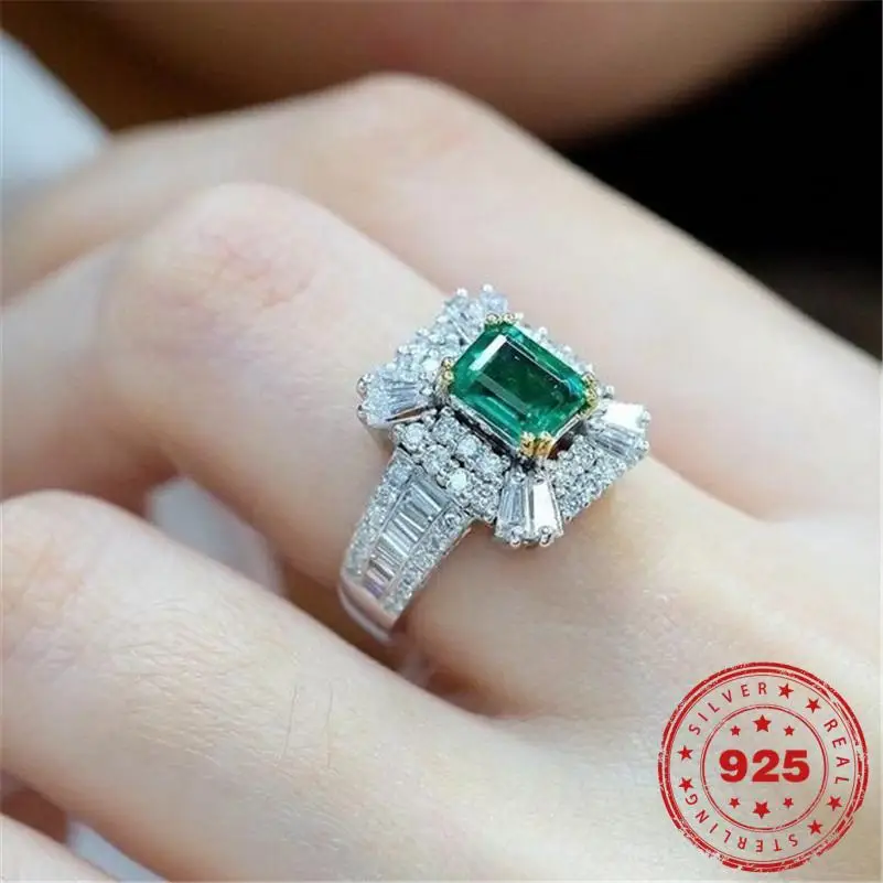 HOYON 14K White Gold color Natural Emerald 2 Carats Diamond style Ring 925 Silver Jewelry Bizuteria Gemstone Ring for Women free