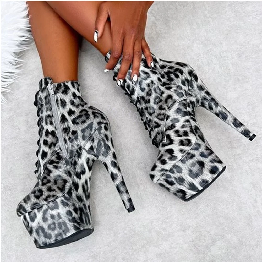 

Leopard Lace up Platform Ankle Boot Round Toe Patent Leather Shoe for Women Thin High Heels Sexy Shoes 2024 Zapatos Para Mujere