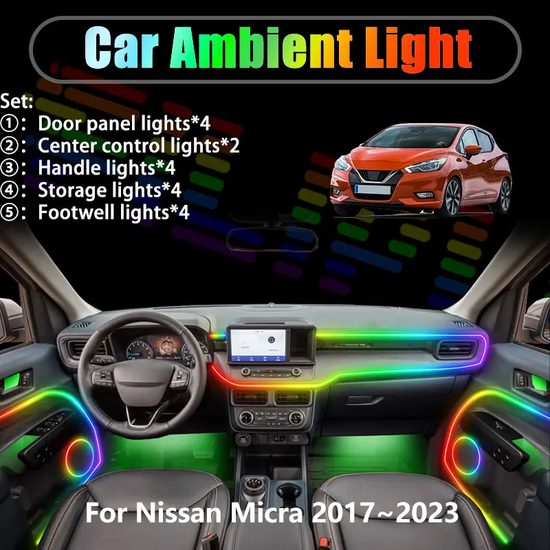 

Светодиодная подсветка салона и багажника для Nissan Micra 2017-2023 K14 MK5 2018 (2/18 в 1), USB RGB, с эффектом «бегущей волны»