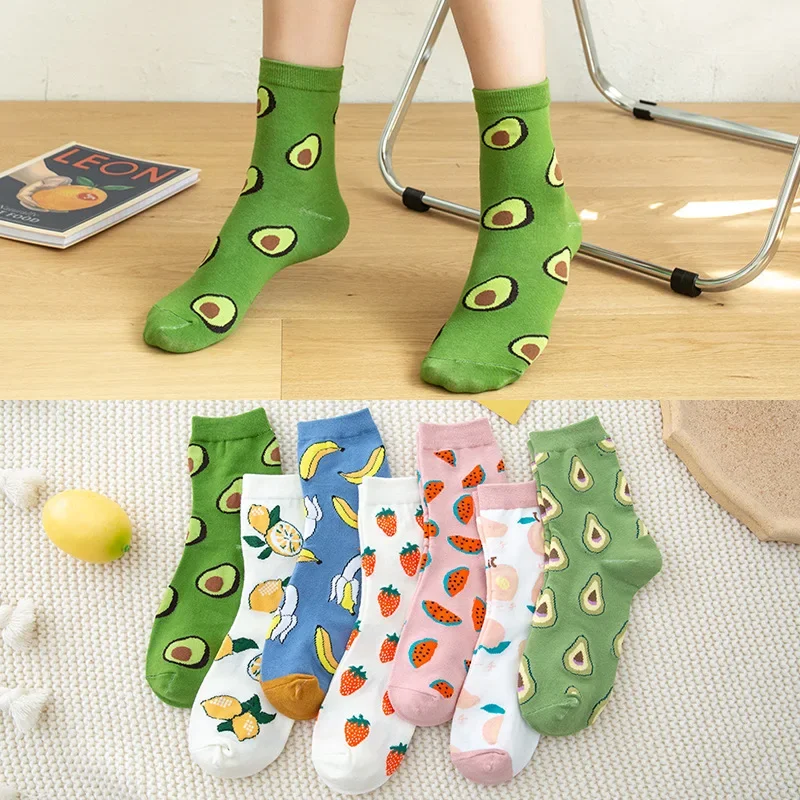 Women Funny Socks Spring Autumn Cartoon Socks Avocado Lemon Watermelon Peach Strawberry Banana Cotton Harajuku Casual Socks