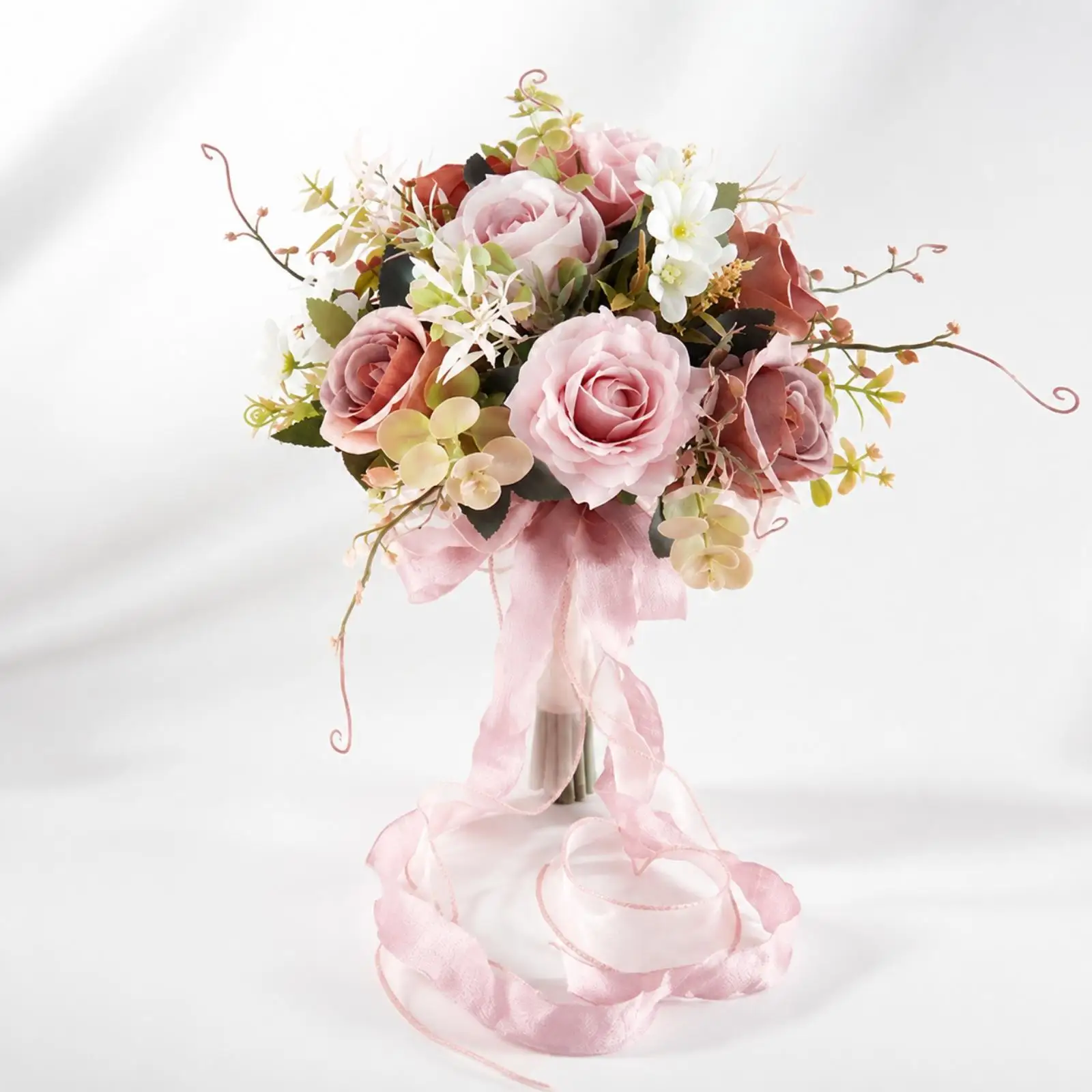 Elegant Silk Rose Wedding Bouquet Hand Held Nosegay with Pearl Bead Accents and Ribbon Trails for Bridal Accessories