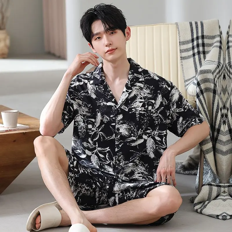 

2026 Summer Short Sleeve Silk Satin Print Pajama Sets for Men Korean Loose Sleepwear Pyjama Male Lounge Homewear Clothes Outside