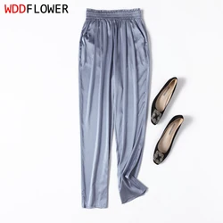 Women Pants 93% Mulberry Silk 7% Spandex Gray Blue Tapered Leg Long Pants Elastic-Waist Elegant Chic Trousers Harem Pants M1186