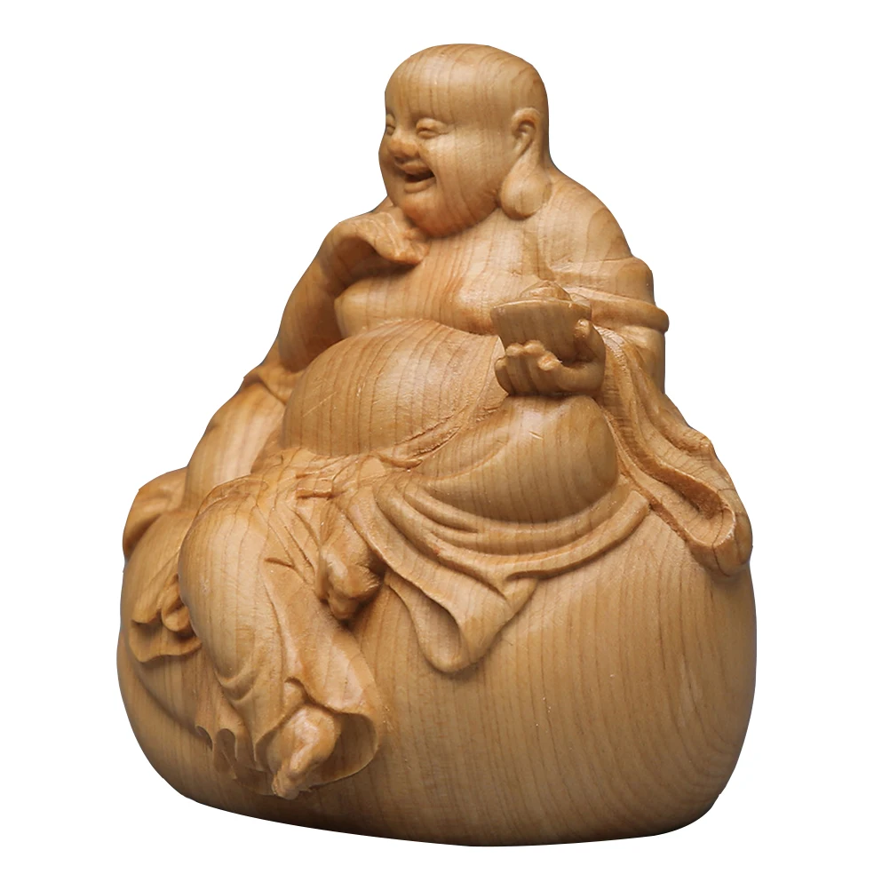 

Small Maitreya Statue Decor Wooden Buddha Chinese Style Tabletop Retro Zen Adornment Home Decor Lightweight Compact