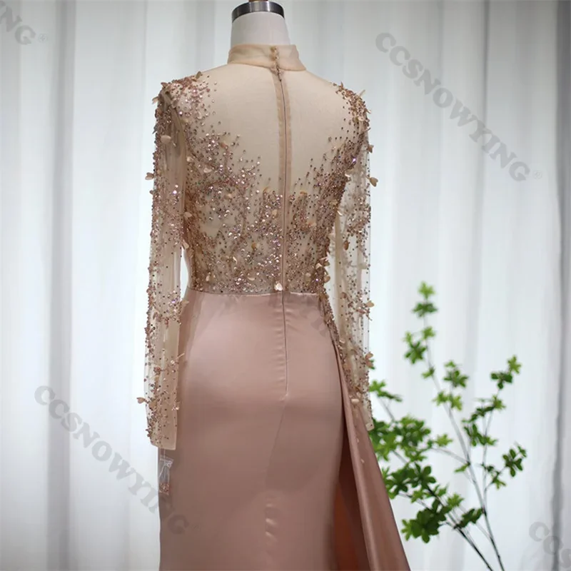 Long Sleeve High Neck Prom Dresses Evening Gowns Satin Appliques Beaded Formal Party Dress Arabic Dubai Women Robe De Soiree