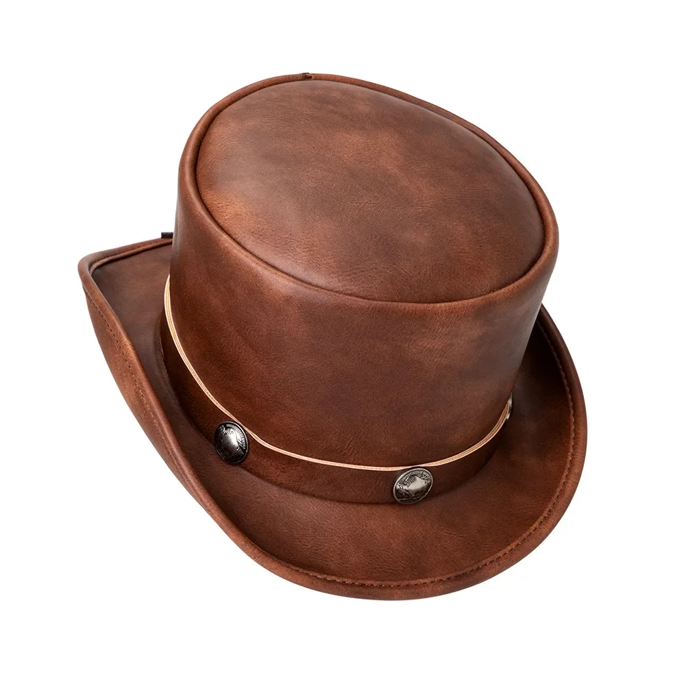 

2022 New Punk Style PU Leather Top Jazz Hat for Men/Women New Magic Party Cylinder Hat Halloween Cosplay Dress Caps