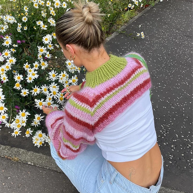 Y2K Vintage Striped Loose Long Sleeves Pullover Crop Tops Chic Women Knitted Shrug Sweater 00s Retro Smock T-shirt Streetwear