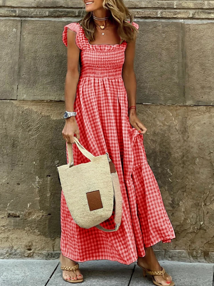 Plaid Long Dress Women Summer Boho Sleeveless Beach A-line Dress Female Elegant Vintage Square Collar Pleated Maxi Dress Ladies