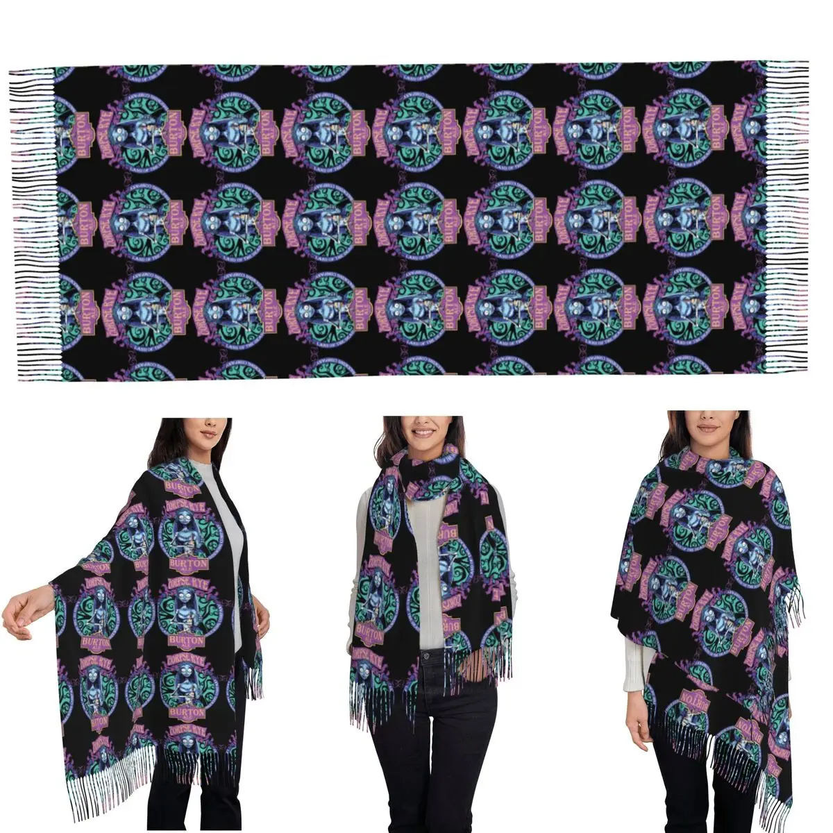 Halloween Film Corpse Bride Ghost Tim Burton Scarf Tassel Scarves for Women Soft Warm Shawls and Large Fall Winter Shawl Wraps