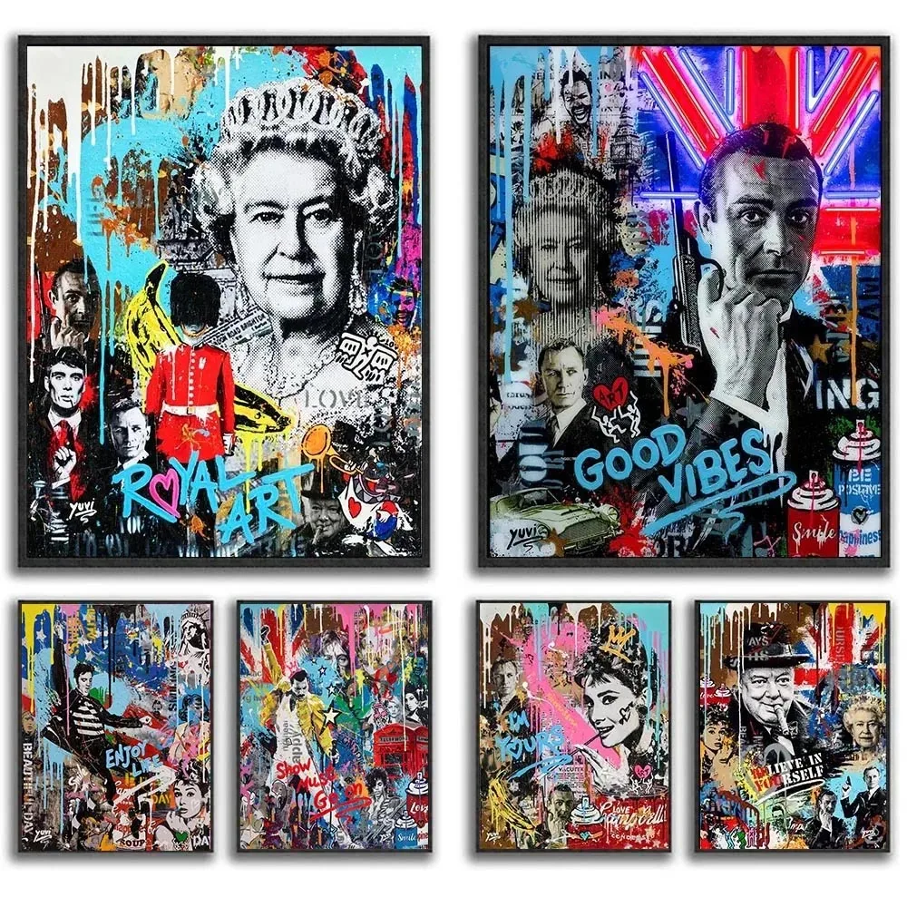 Rainha da inglaterra cartaz real arte da parede elizabeth pintura em tela pop graffiti famosa moda feminina imprime imagem decoração de casa