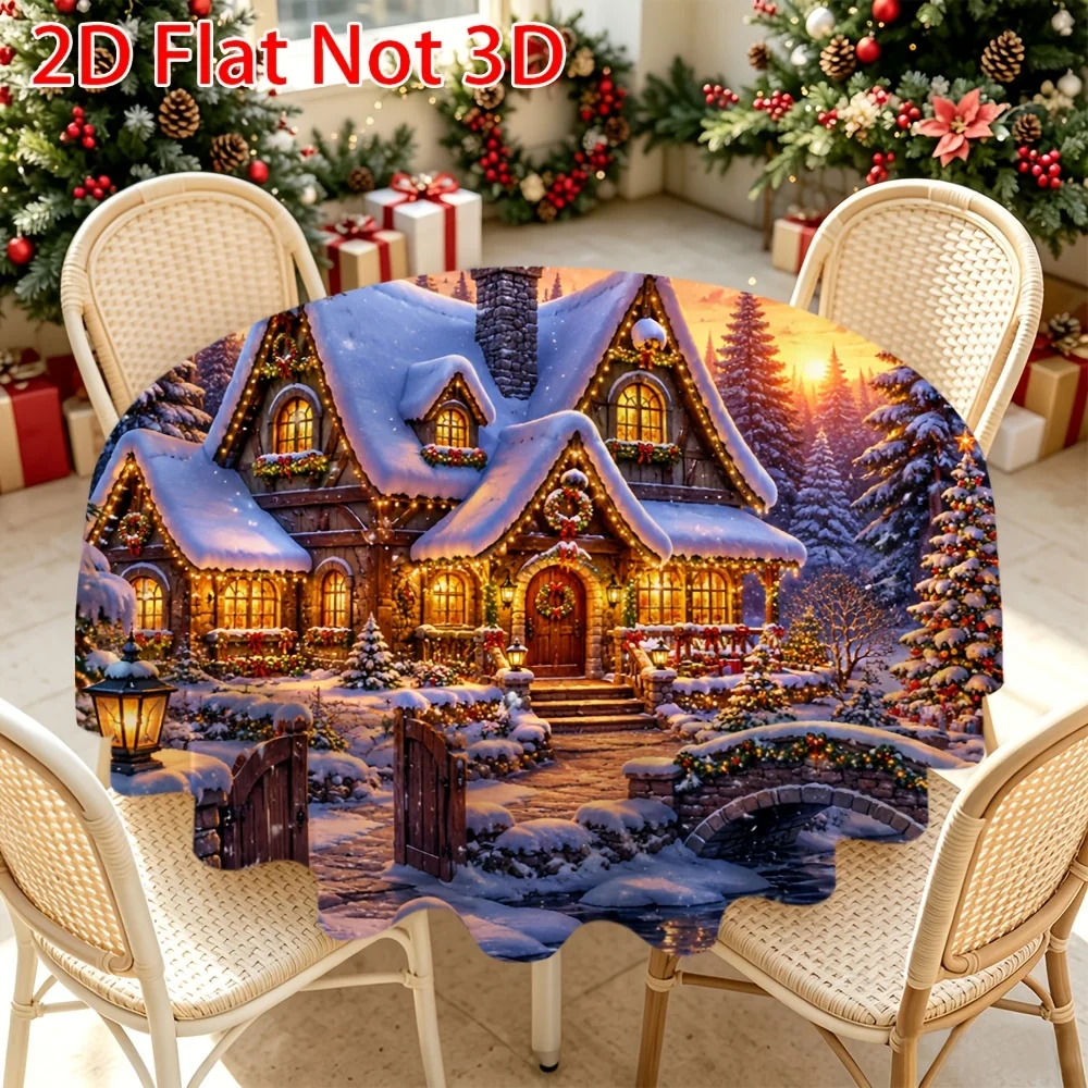 2D flat, JIT, 1pc, tablecloth, winter christmas hut, patterned round tablecloth, halloween