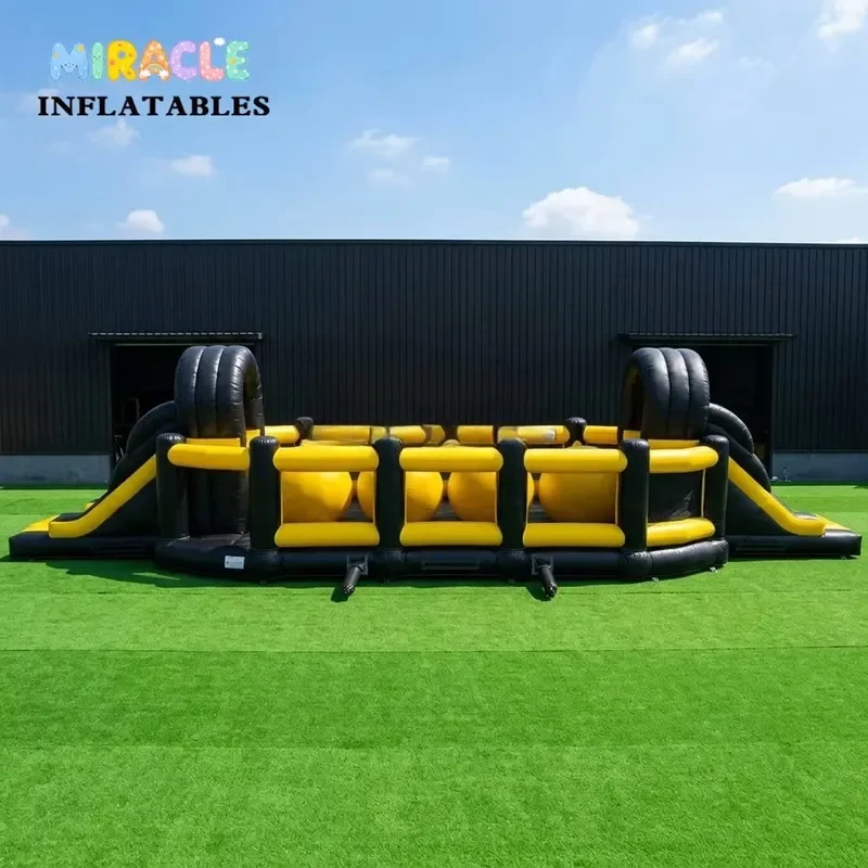 Commercial Inflatable Big Baller Wipeout Obstacle Course, Black Yellow 4 Giant Balance Ball Inflatable Challenge Arena