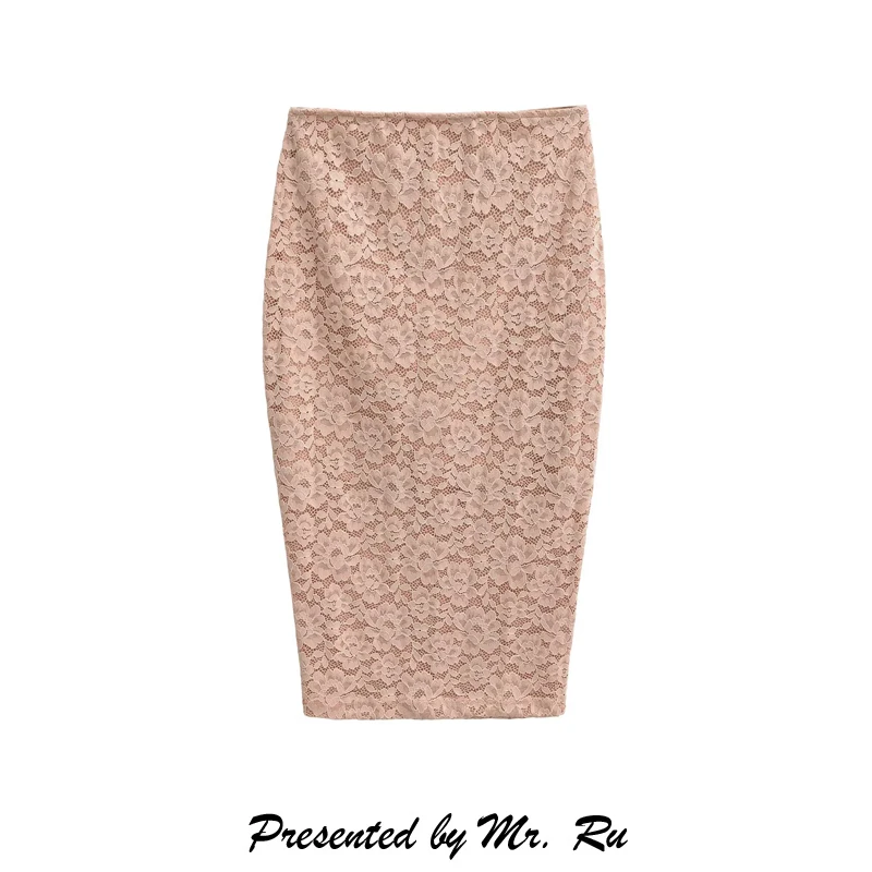 

Ретро-розовая кружевная юбка-футляр с молнией и разрезом, женская модная коллекция весна, индивидуальный дизайн из ткани.