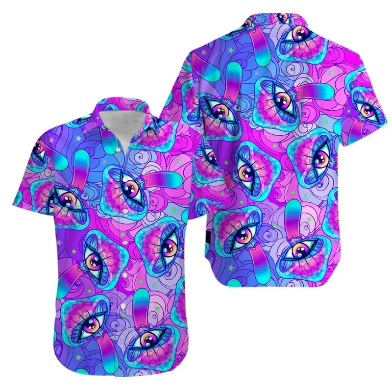 Magic Mushroom Pattern Aloha Shirt For Men Hippie 3D Printed Psychedelic Short Sleeve Loose Lapel Hawaiian Shirts Summer Blouses