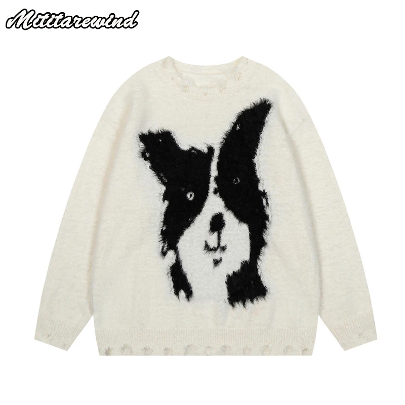 

Hip Hop Streetwear Autumn Winter Knitted Sweater Men Fashion Cartoon Dog head Damaged Torn Brushed Sweater Women Warm Knitwear