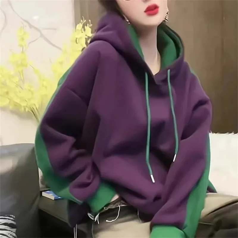 Heavy weight European Autumn And Winter 2025 New Long Sleeved Women's High-End Top Purple Hooded Contrasting Sweatshirt Jacket