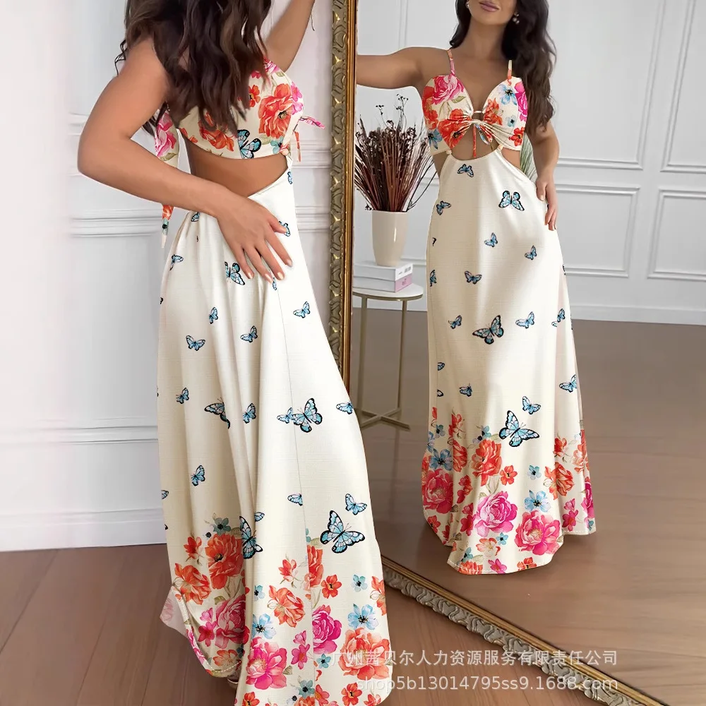 

Long Dress Women Sling Dresses A Line Vestidos Sexy Streetwear Y2k Sleeveless Elegant High Waist Print Floral Beach Summer