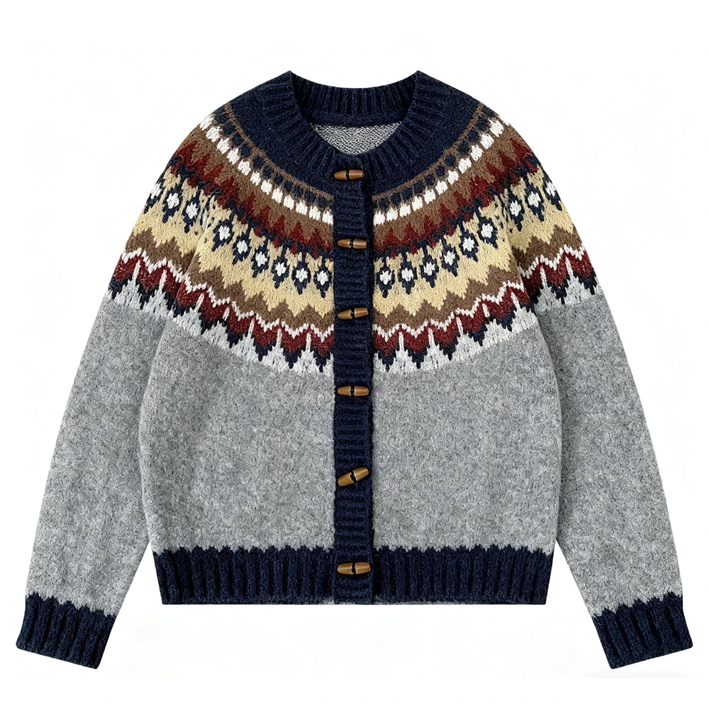 

Свитер с рисунком цветных блоков, вязаный кардиган, пальто на пуговицах с рогом, минималистичный дизайн, уютный длинный рукав для осенне-зимнего сезона