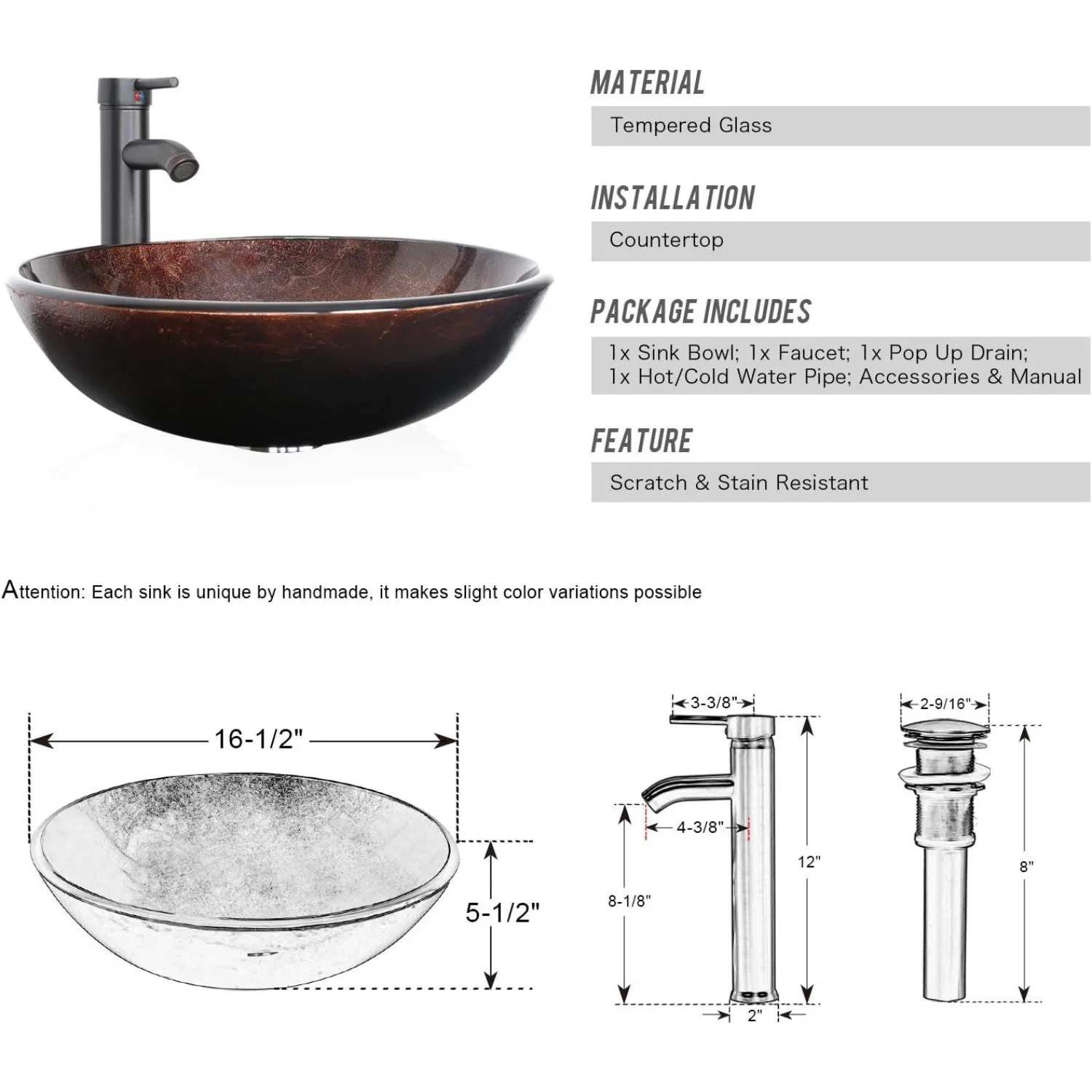 16.5" Bathroom Vessel Sink Modern Artistic Single Brown Glass Basin Countertop Bowl Sink for Lavatory Vanity Cabinet ﻿