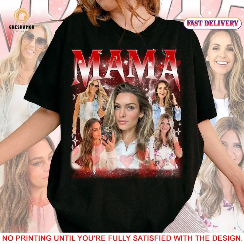 Custom Funny Photo Mama T-Shirt, Personalized First Mom Mothers Day Gift Idea for Wife or Daughter, Birthday Shirt With Mama Fac