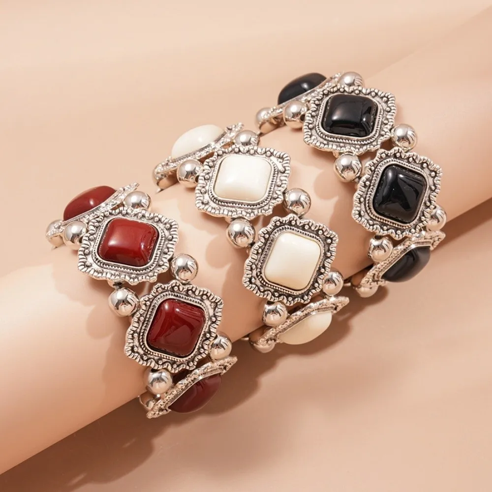Vintage Bohemian Ethnic Acrylic Bangle Elastic Exaggerated Irregular Wide Bracelet Rhombic Patchwork Round Minority Design
