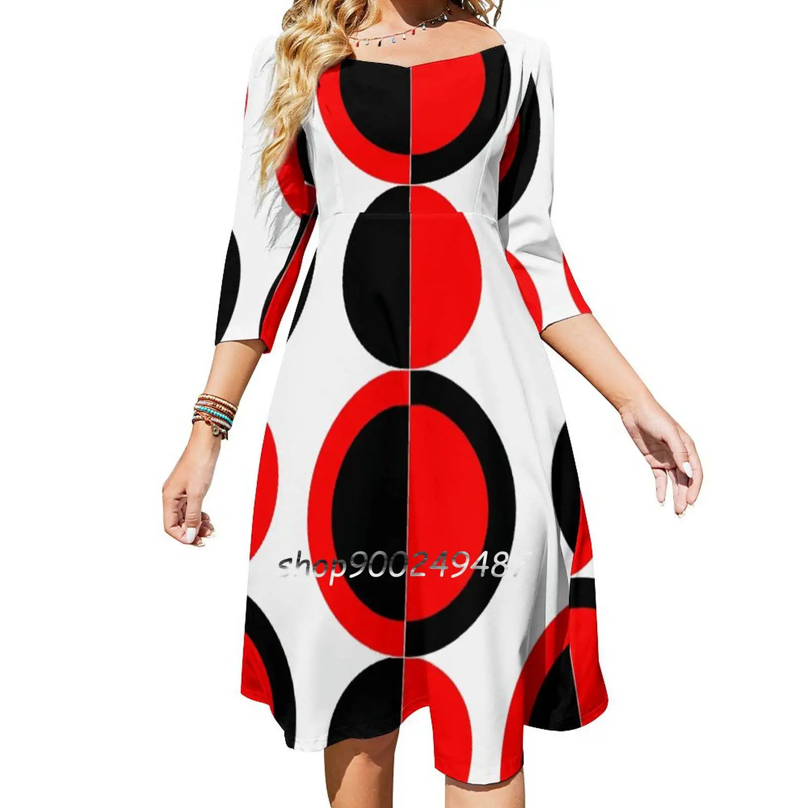 

Mod Circles Square Neck Dress Sweet Summer Dress Women Elegant Halter Print Dress Mod Pop Art Circles Red Black White Mod Art