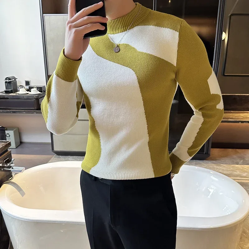 

Sweater Autumn Winter New Korean Luxury Men's Clothing Fashion Patchwork Color Sweater Male Slim Fit Casual Turtleneck 4Colors