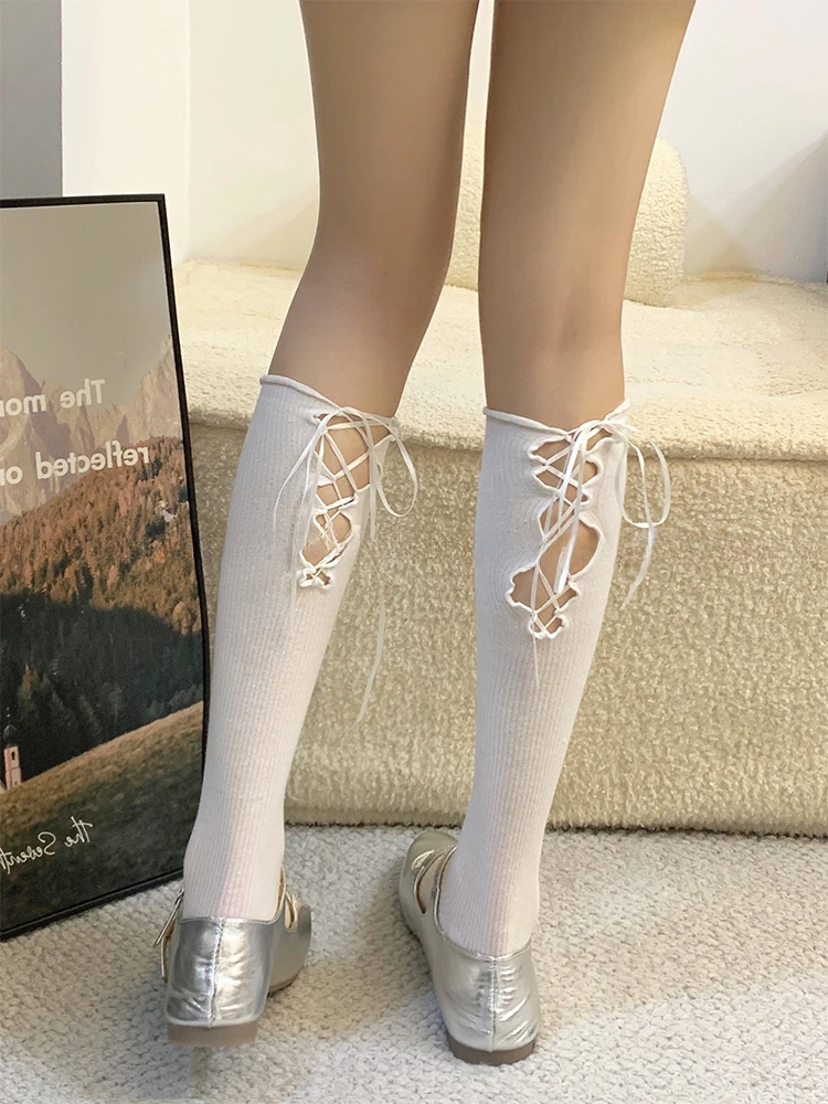 Tube Socks Women's Black Cotton Hollow Bow Cross Strap Ballet Style White Fashion Basic Color Leg Shaping Four Seasons Universal