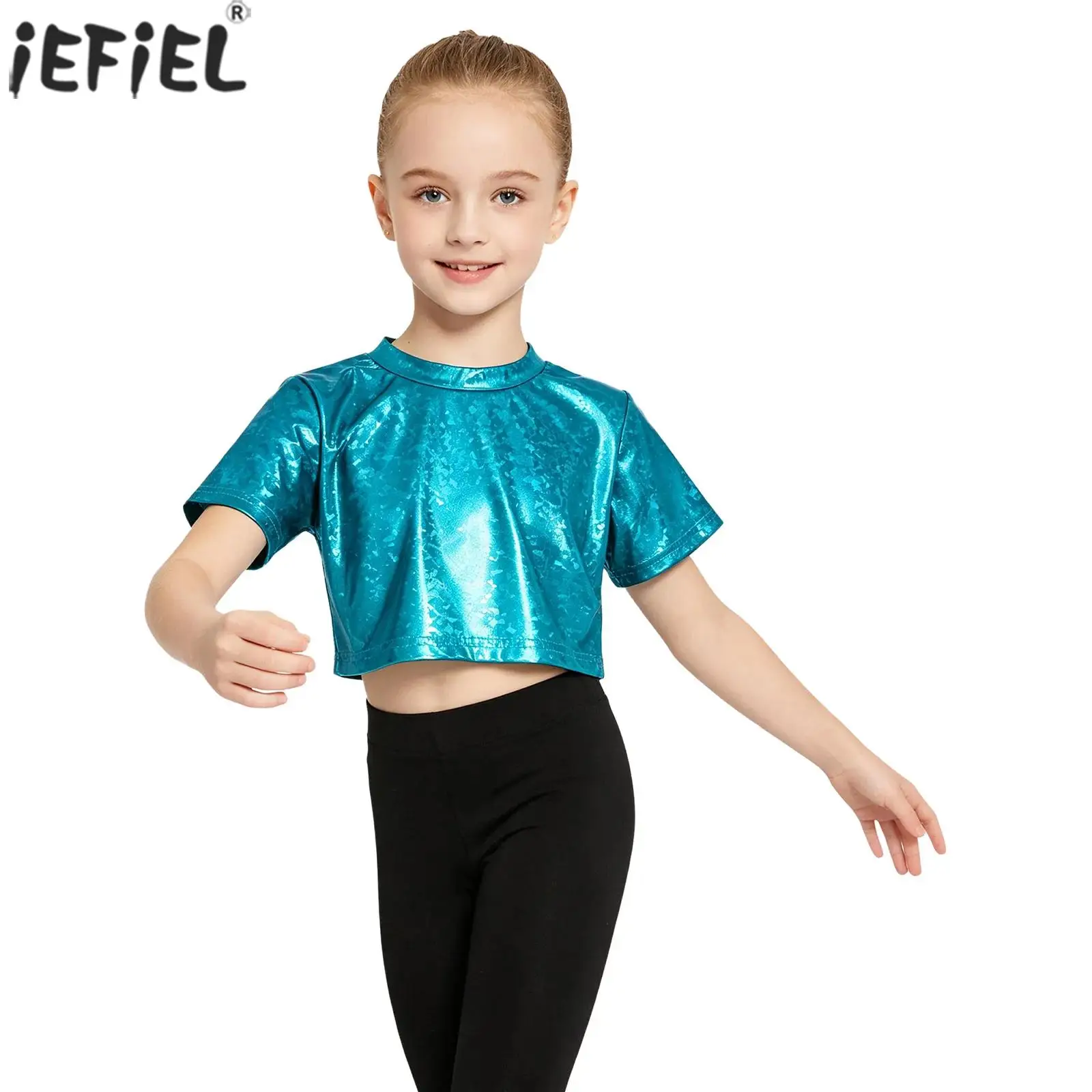 Kids Girls Metallic Crop Top Round Neck Short Sleeves Shiny T-shirt Cheerleading Jazz Disco Hip Hop Dance Performance Costume